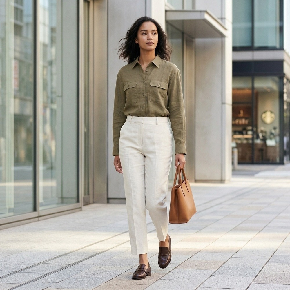 Uniqlo Womens Olive Green Relaxed Long Sleeve Button Down Utility Shirt Small